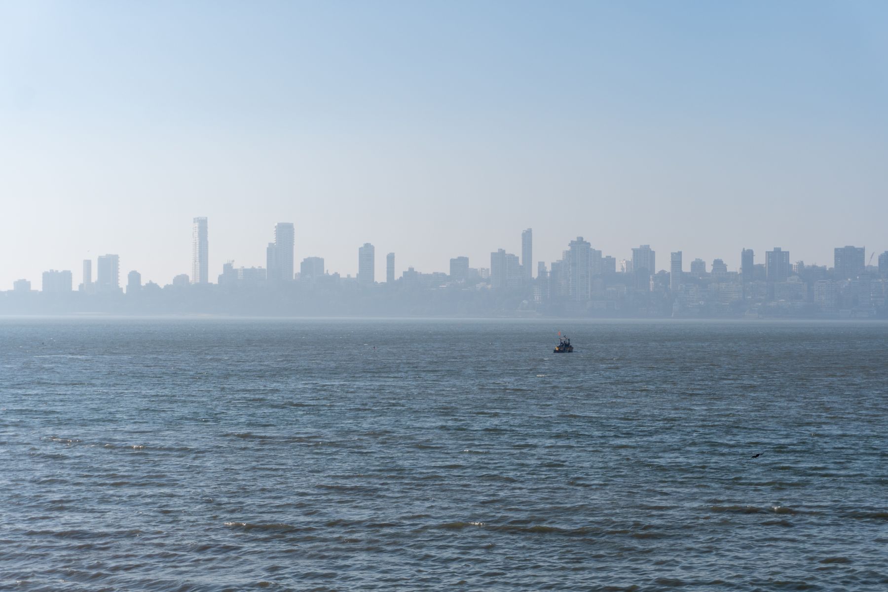 The Mumbai skyline across the sea on a clear morning